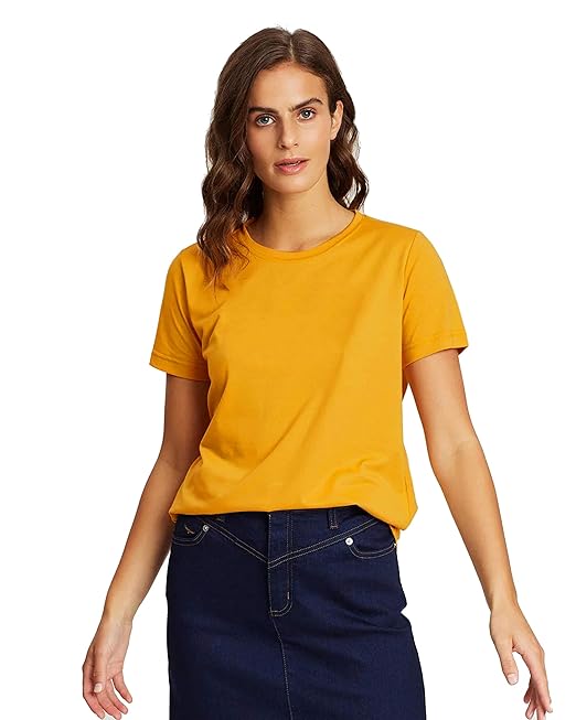 Plain mustard cotton women's T-shirt by Seasons, showing a comfortable fit and soft fabric on a white background.