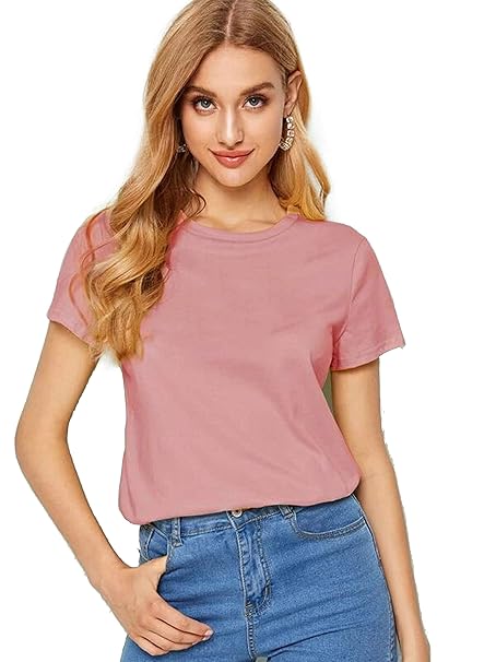 Pink plain cotton women's T-shirt by Seasons, casual short-sleeve top with a comfortable fit and simple style.