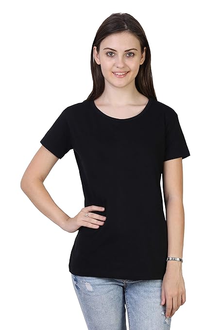 Women’s plain black cotton T-shirt by Seasons, casual short-sleeve T-shirt for women, made of soft breathable cotton fabric.