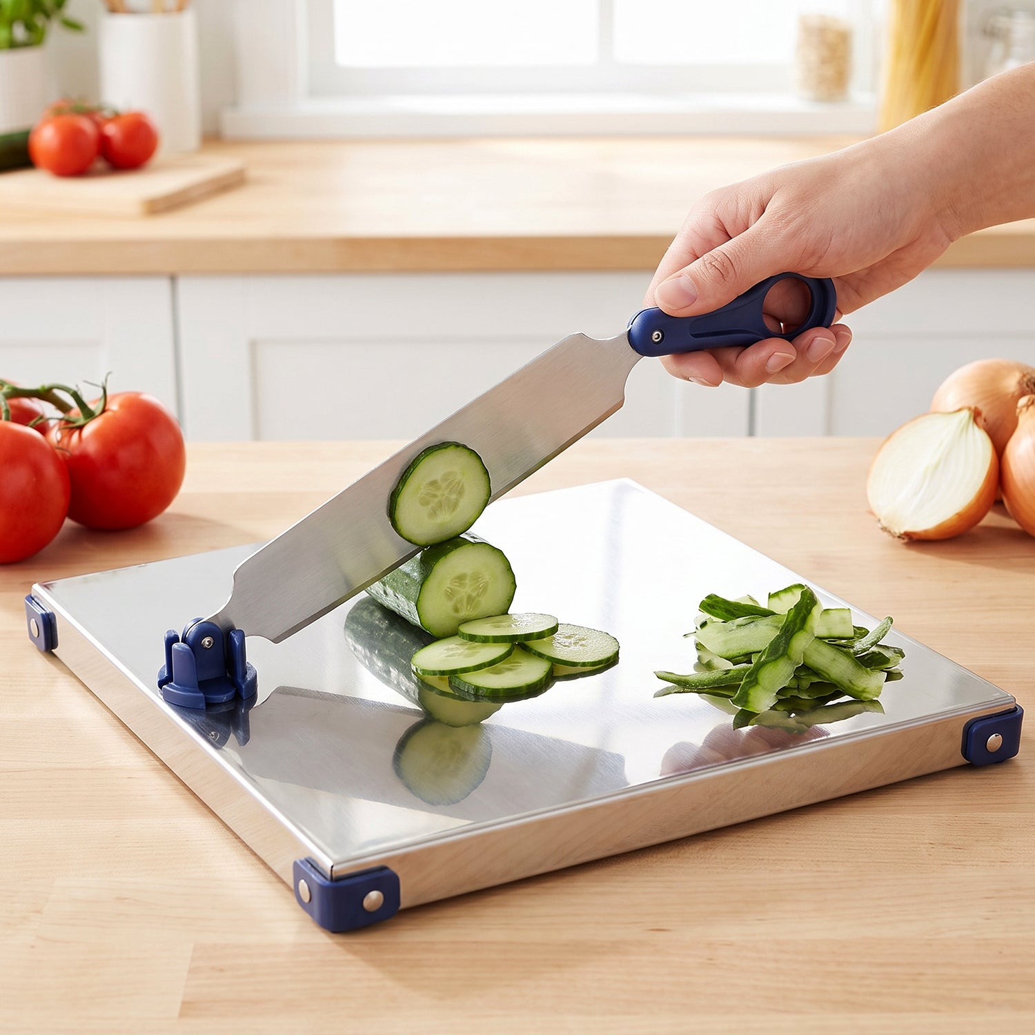 Wukusy stainless steel 2-in-1 cutting and chopping board with knife finger guard, featuring a sleek, durable design for kitchen use.