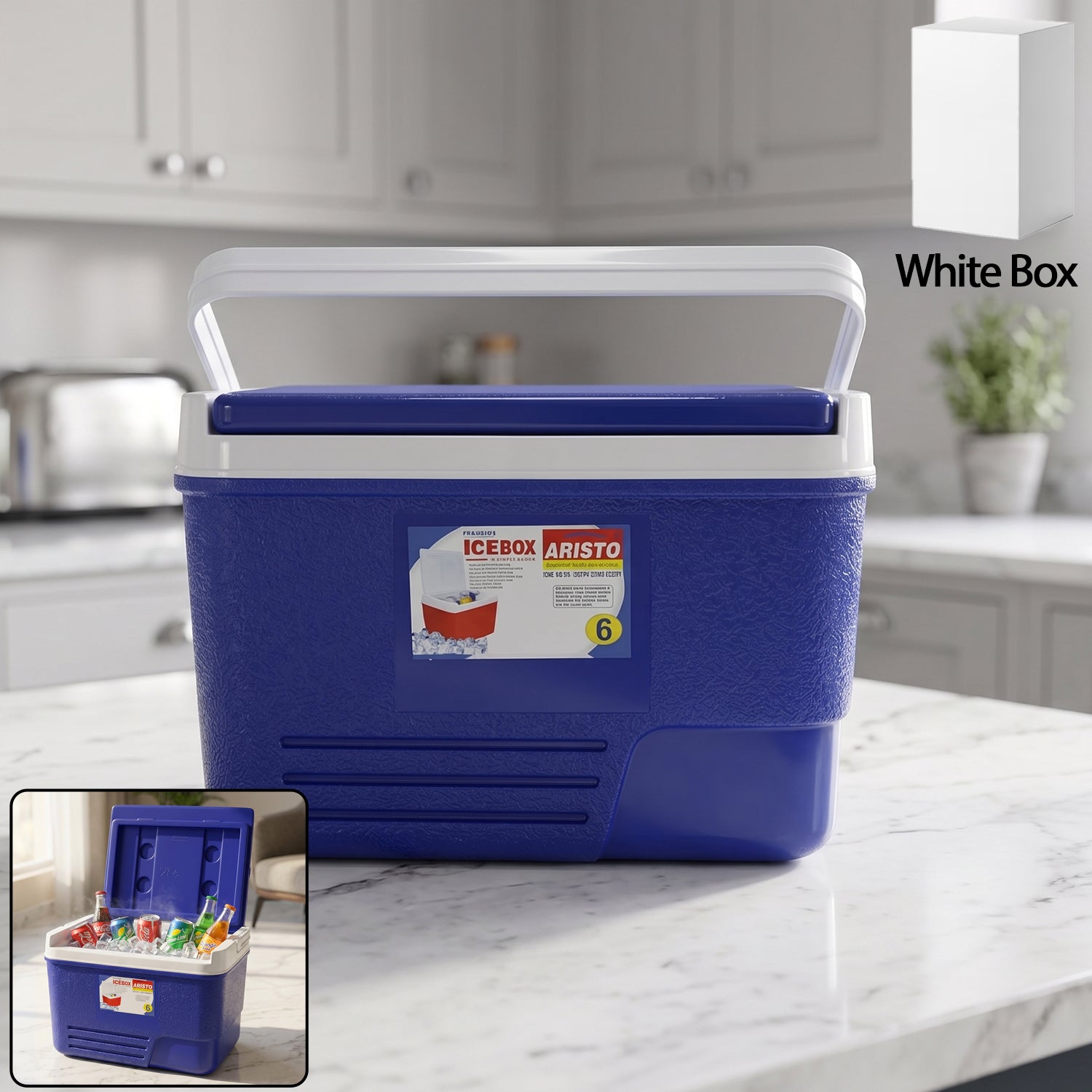 Blue Wukusy portable insulated ice cooler box with carry handle, 6-liter capacity, perfect for keeping drinks cold on the go.