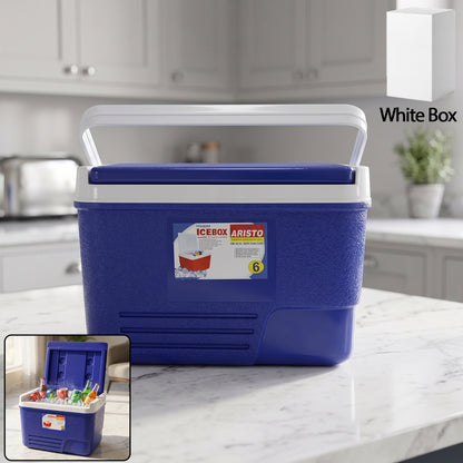 Blue Wukusy portable insulated ice cooler box with carry handle, 6-liter capacity, perfect for keeping drinks cold on the go.