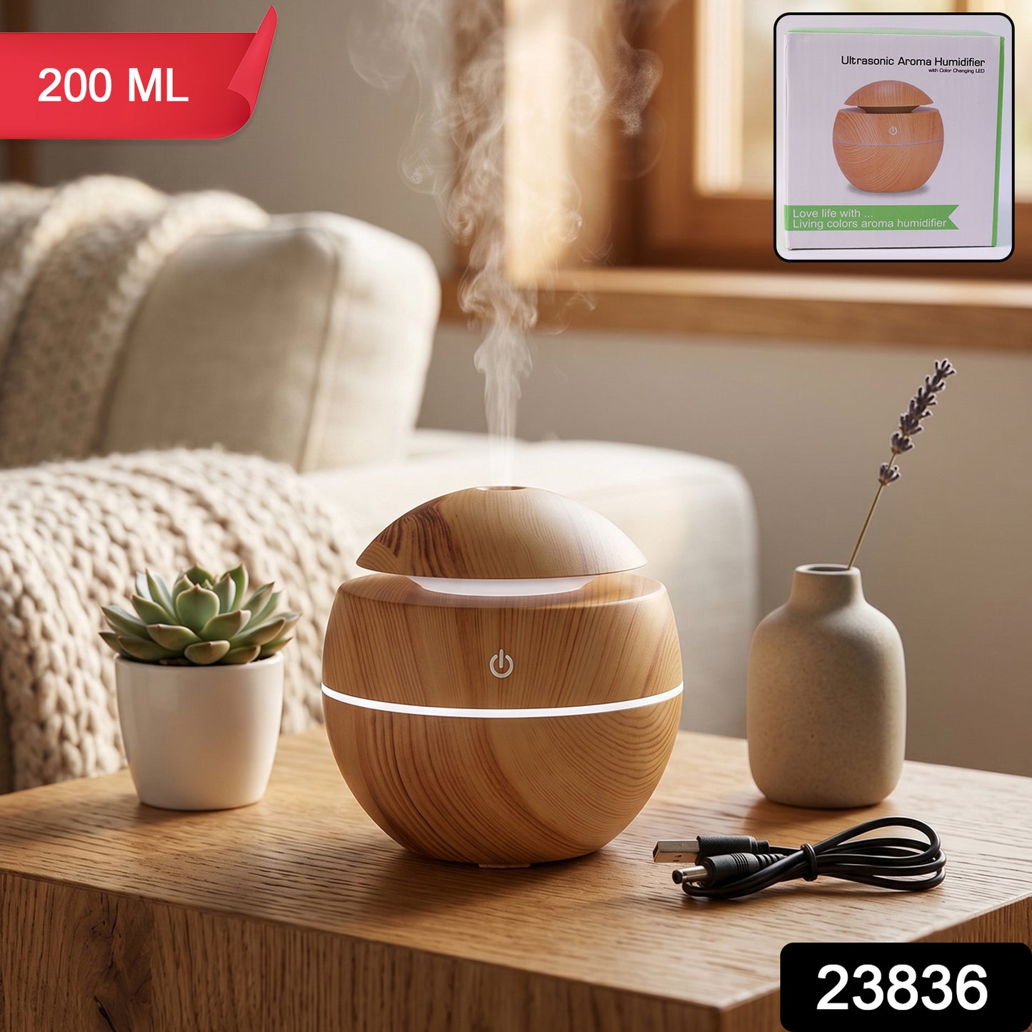 Wukusy ultrasonic aroma diffuser humidifier with 200ml capacity, LED light, suitable for home or office use, shown with mist and lighting.