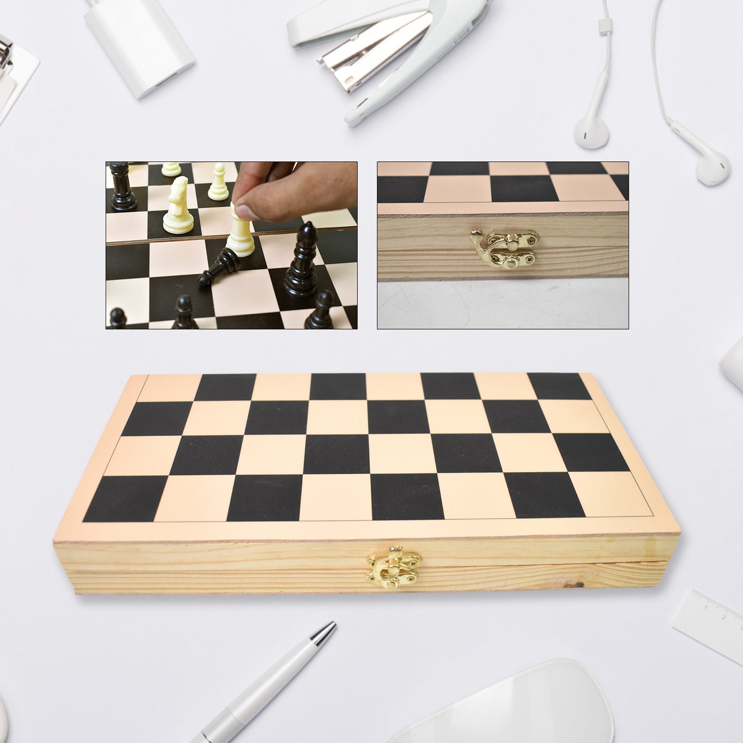 Wukusy folding wooden chess board set with 30x30 cm size, featuring chess pieces on a wooden chessboard for play and display.