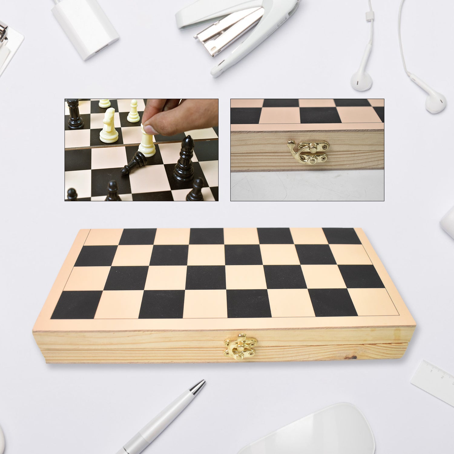 Wukusy folding wooden chess board set with 30x30 cm size, featuring chess pieces on a wooden chessboard for play and display.
