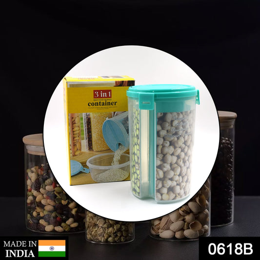 Wukusy 3-in-1 transparent airtight storage container with color box, kitchen tool for organizing dry foods and ingredients.