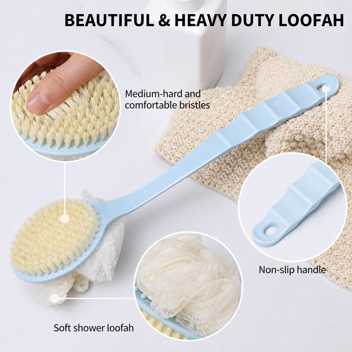 Wukusy long handle shower brush back scrubber with 33 cm handle for easy whole-body cleaning in a bathroom setting