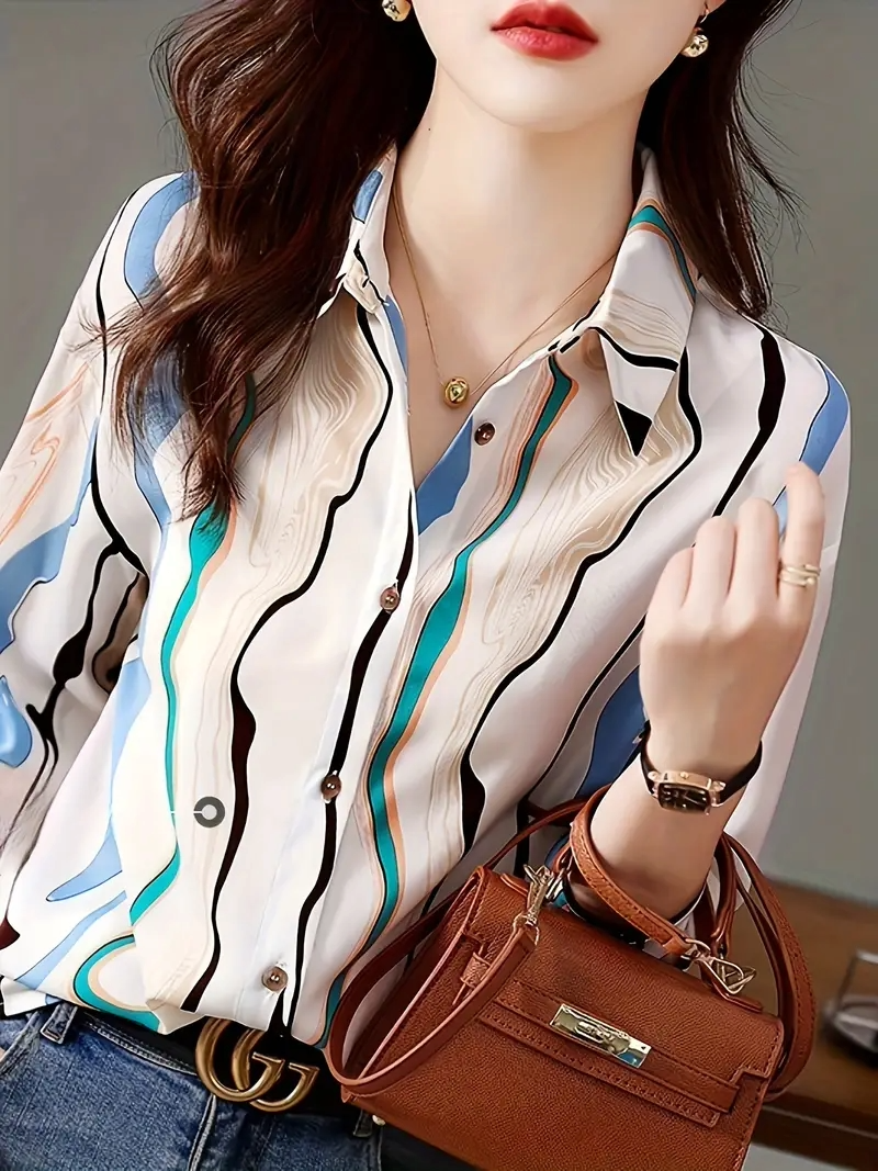Women wearing a regular fit printed casual button-down collar shirt from Drpshippr, featuring a stylish pattern and comfortable fit.