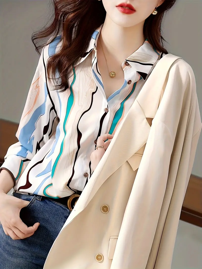 Women’s casual printed button-down collar shirt from Drpshippr, regular fit, stylish design, suitable for everyday wear.