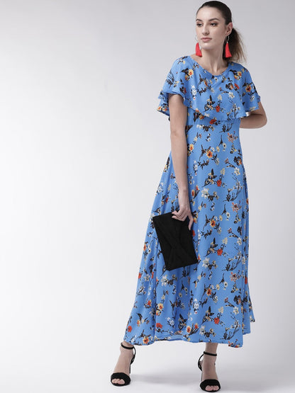 Women wearing a blue cape sleeve maxi dress from Drpshippr's Women's Collection, flowing and elegant for formal occasions.