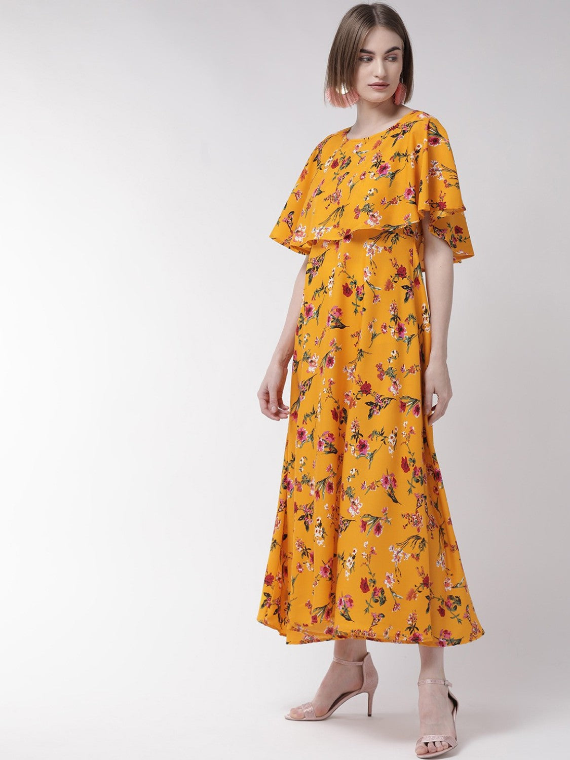 Women’s yellow maxi dress with cape sleeves from Drpshippr’s Women’s Collection, featuring a flowing silhouette and vibrant color.