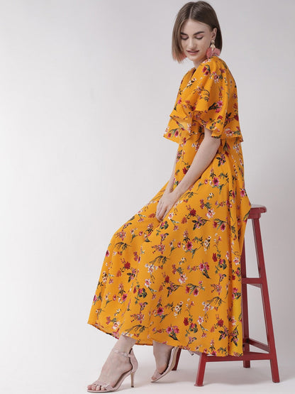 Women wearing a yellow cape sleeve maxi dress from Drpshippr's Women's Collection, flowing and elegant for summer occasions.