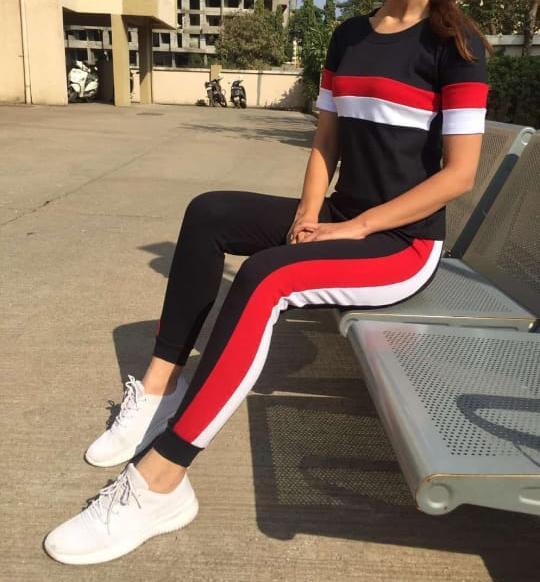 Women's cotton Lycra printed striped tracksuit from Drpshippr, featuring a comfortable fit and stylish design in the men's collection.