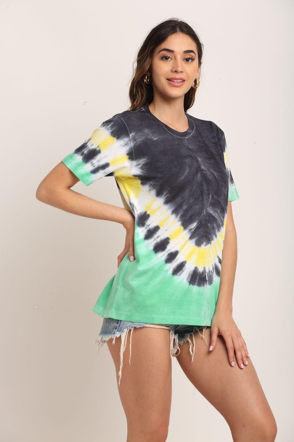 Women's cotton tie-dye T-shirt from Drpshippr's collection, featuring vibrant colors and a relaxed fit.