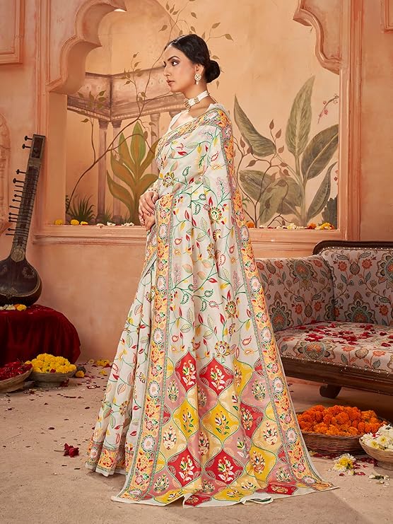 Elegant women's Kashmiri Pashmina silk woven saree with intricate patterns from Drpshippr's collection.
