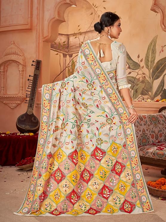 Elegant women's Kashmiri Pashmina silk woven saree from Drpshippr's collection, showcasing intricate traditional craftsmanship.