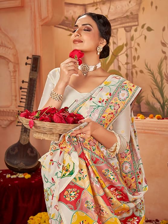 Elegant women's Kashmiri Pashmina silk woven saree from Drpshippr's collection, showcasing intricate traditional craftsmanship.