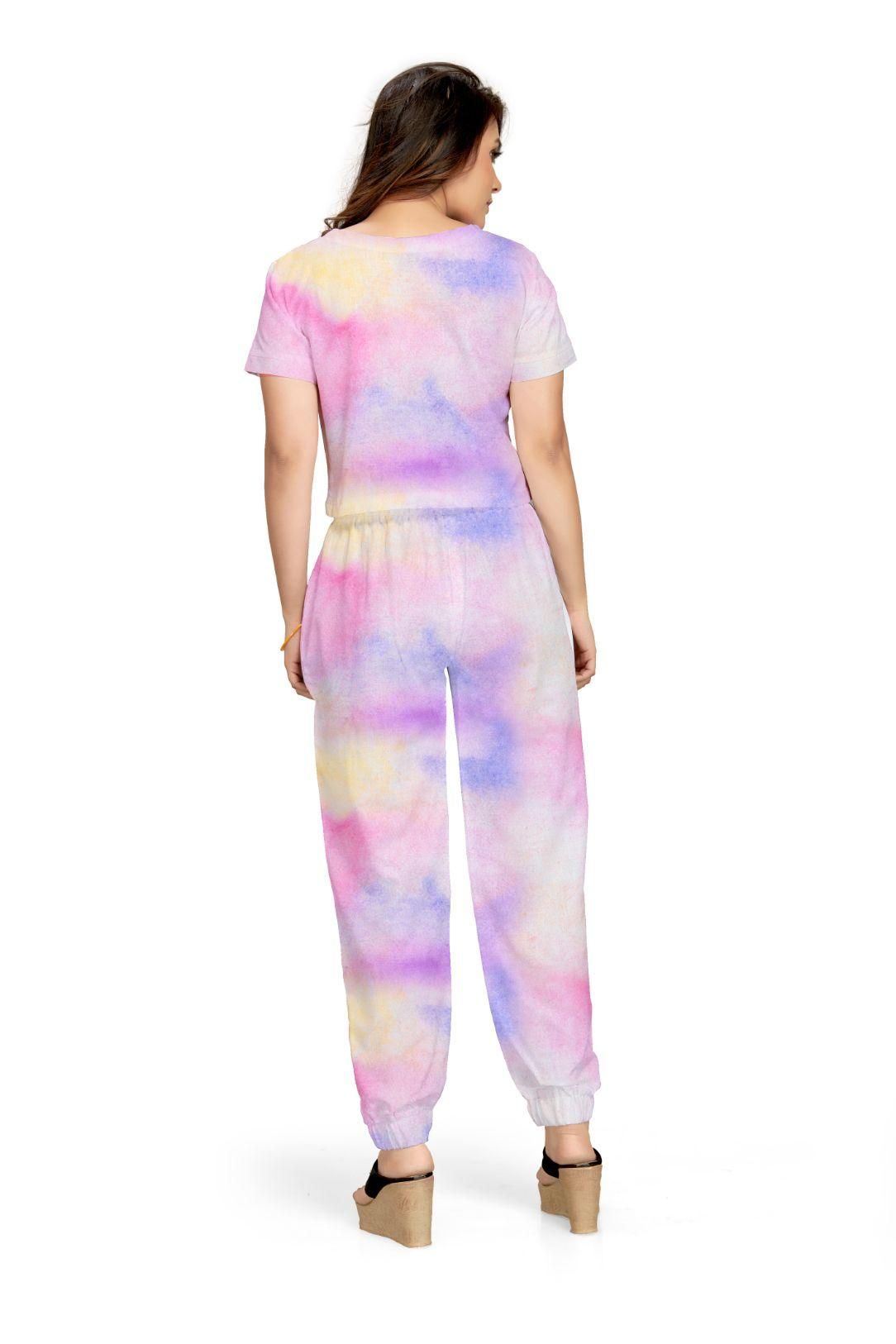 Women's linen and cotton tie-dye top and bottom set from Drpshippr, featuring a relaxed fit and vibrant tie-dye pattern.