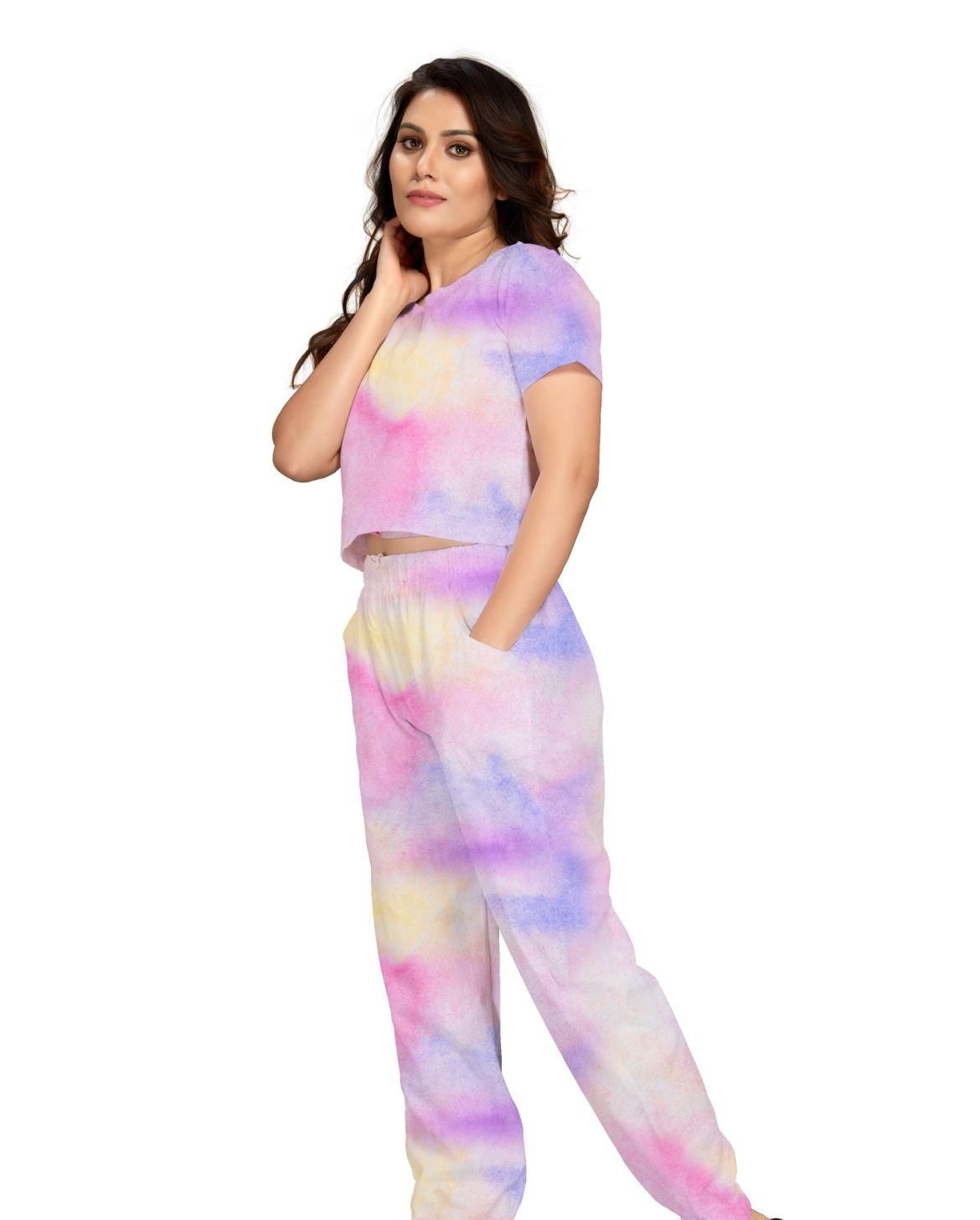 Women's linen cotton tie-dye top and bottom set from Drpshippr, featuring a casual, colorful tie-dye design in a comfortable fit.