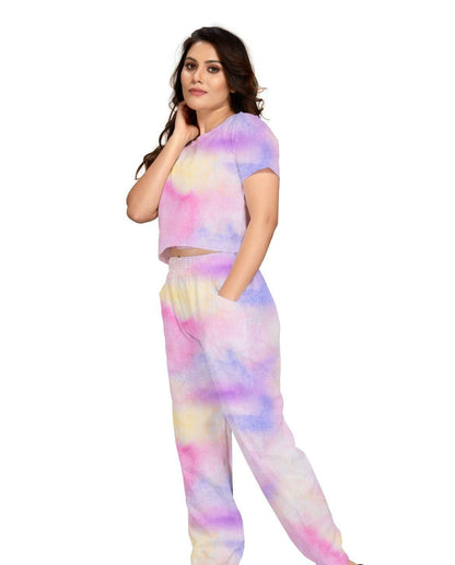 Women's linen cotton tie-dye top and bottom set from Drpshippr, featuring a casual, colorful tie-dye design in a comfortable fit.