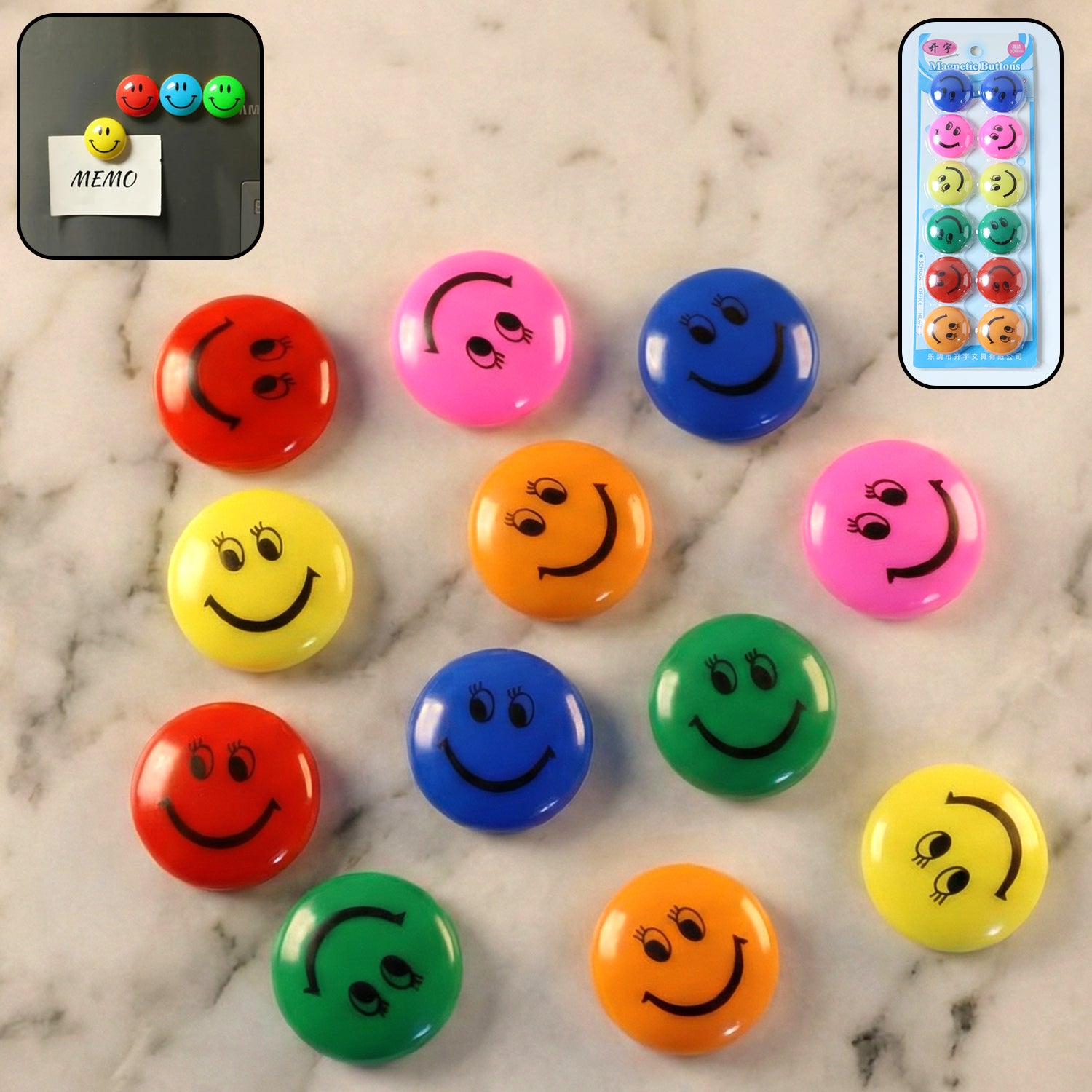 Set of 12 colorful smiley face magnetic buttons from Wukusy, featuring bright, cheerful designs on shiny metal surfaces.