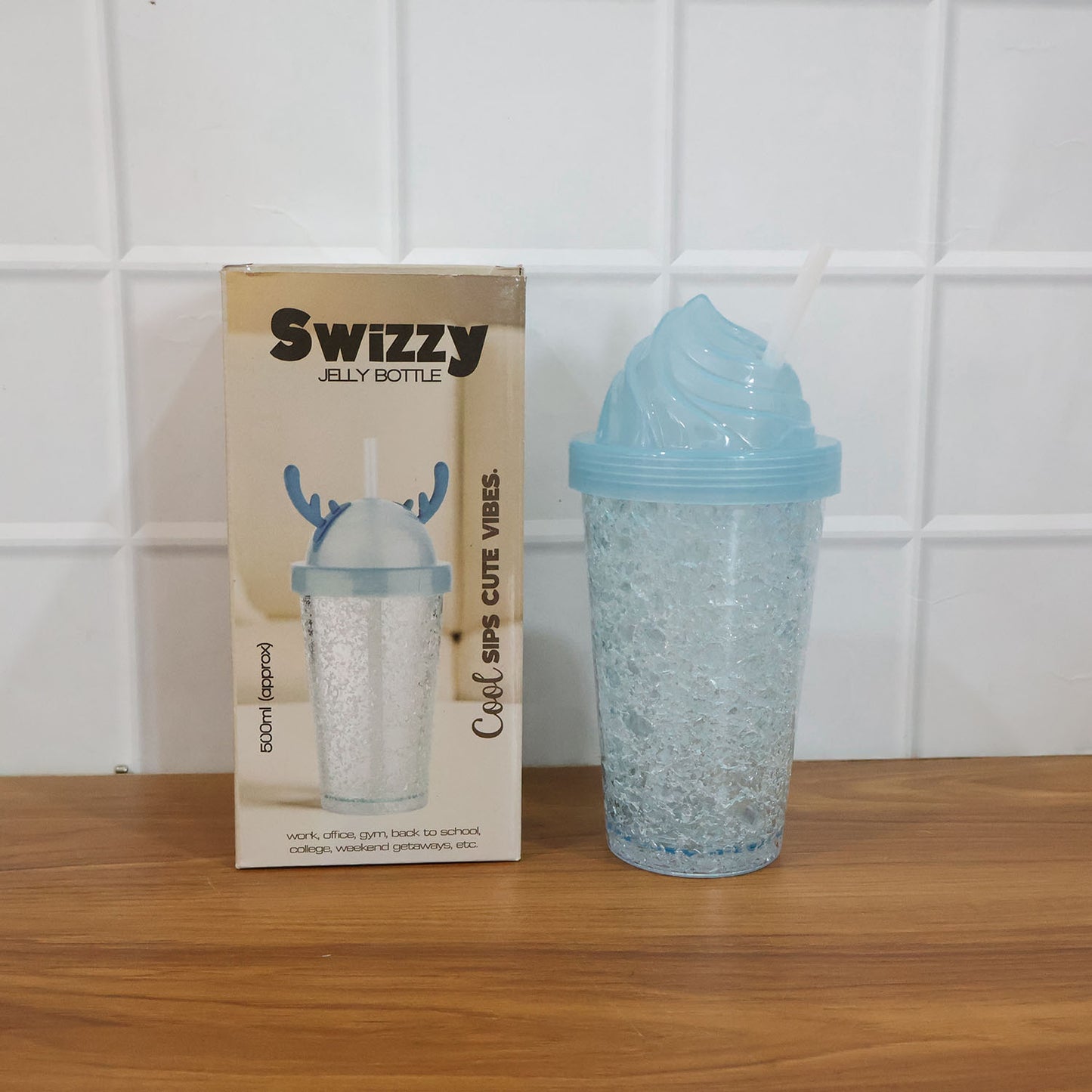 Wukusy cute ice cream swirl design tumbler sipper bottle, 500ml, with colorful ice cream pattern and secure lid for drinks