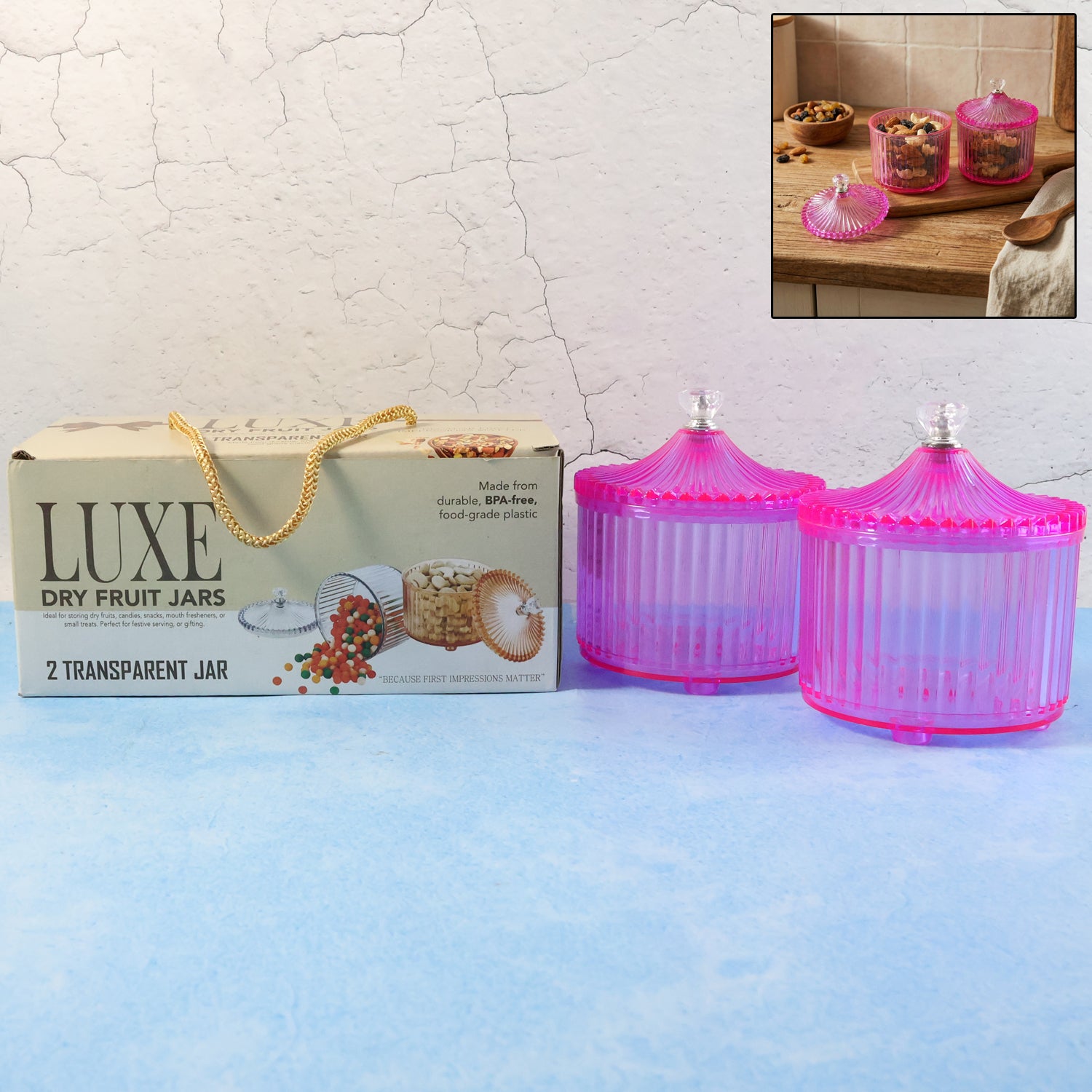 Two transparent plastic luxury dry fruit storage jars by Wukusy, showcasing clear, airtight containers for dry fruit storage.