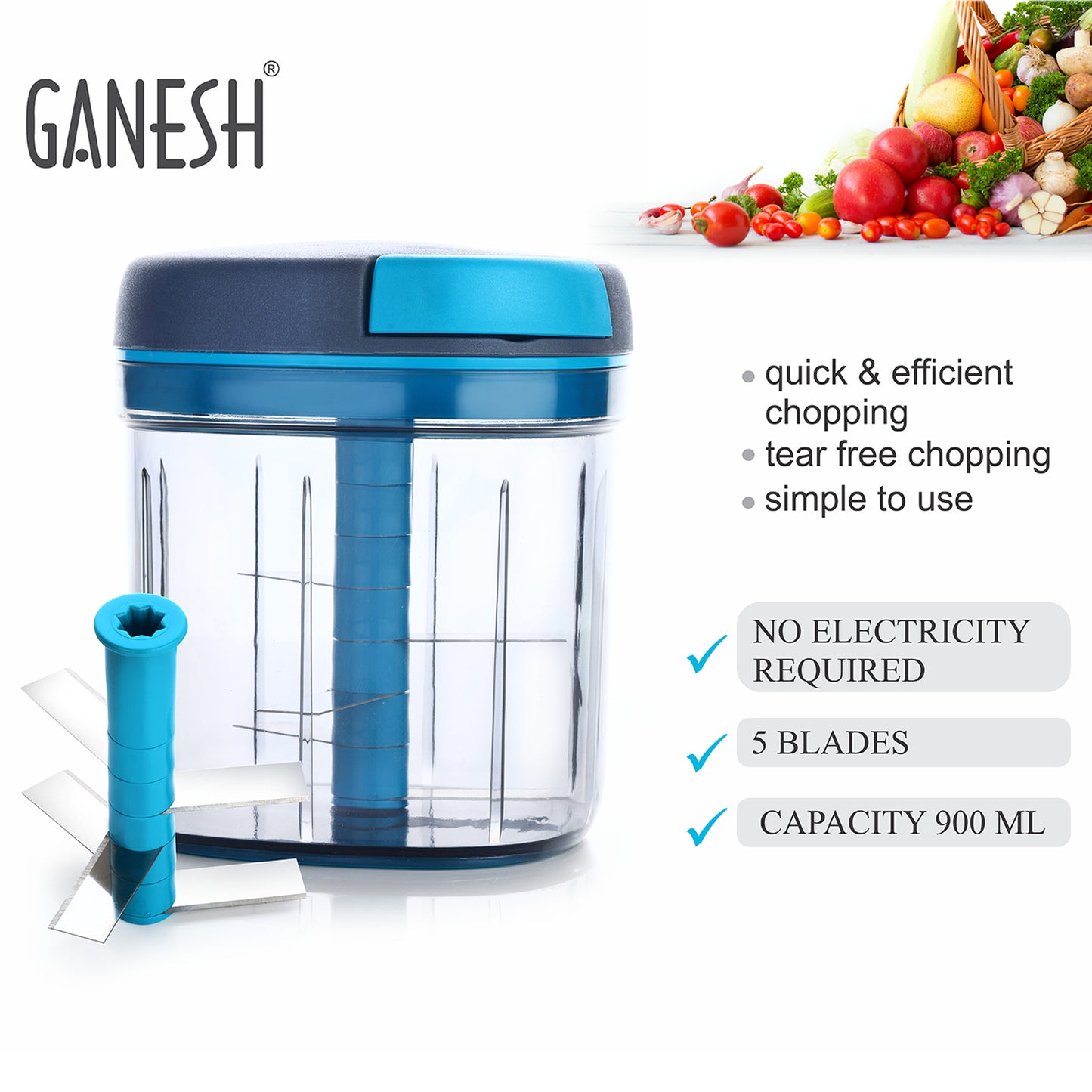 Wukusy 8107 Ganesh Master Chopper with 5 stainless steel blades, large 900ml capacity, ideal for chopping vegetables and herbs.