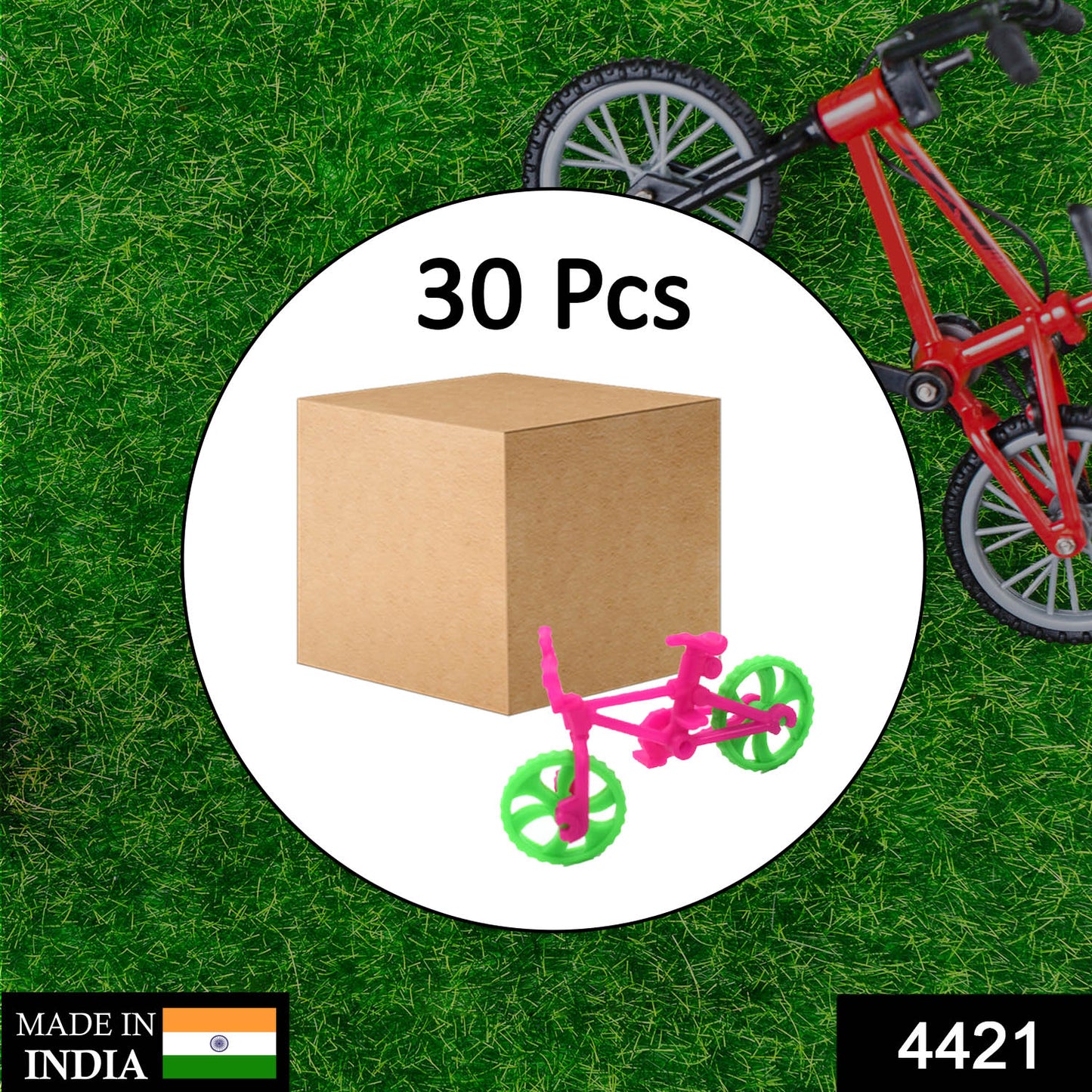 Wukusy 4421 30-piece small bicycle toy set for kids, featuring colorful plastic miniature bicycles and toy accessories.