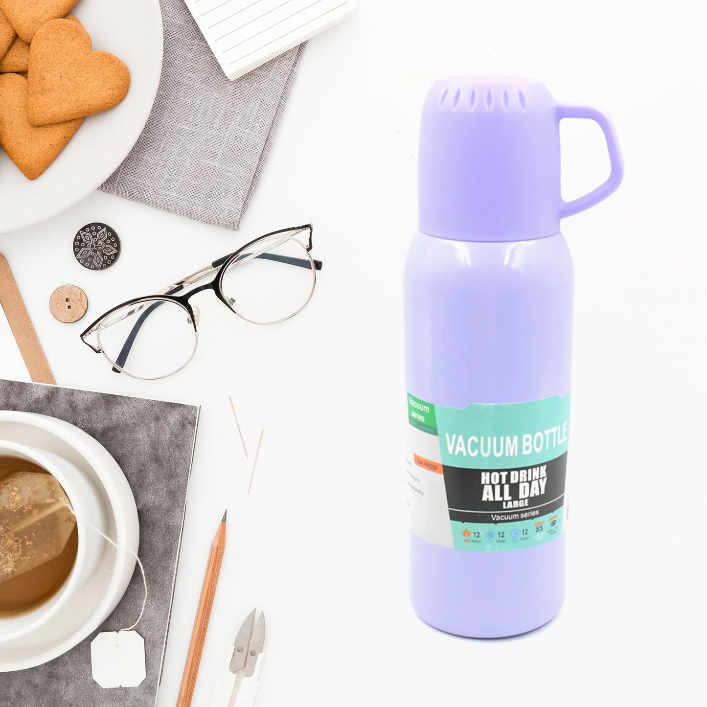 Wukusy 5533 stainless steel vacuum flask set with 3 cups, cover, handle, portable car water bottles, 500ml capacity