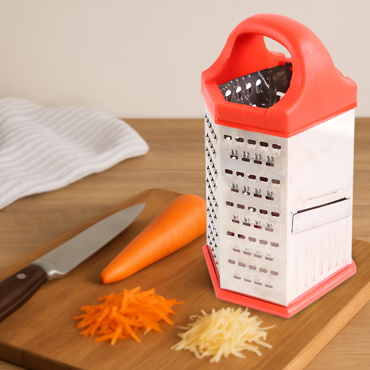 Wukusy 7-in-1 stainless steel box grater with ergonomic handle, showing multiple grating surfaces for cheese, vegetables, and more.