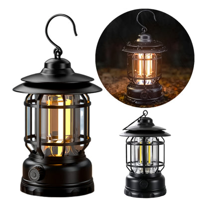 Wukusy LED camping light in retro style, rechargeable battery, portable travel lantern with Type-C charging port, illuminated in a camping setting.