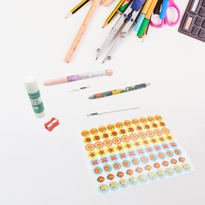 Wukusy cartoon stationery box with school supplies including pens, eraser, sharpener, stickers, and diary for students.
