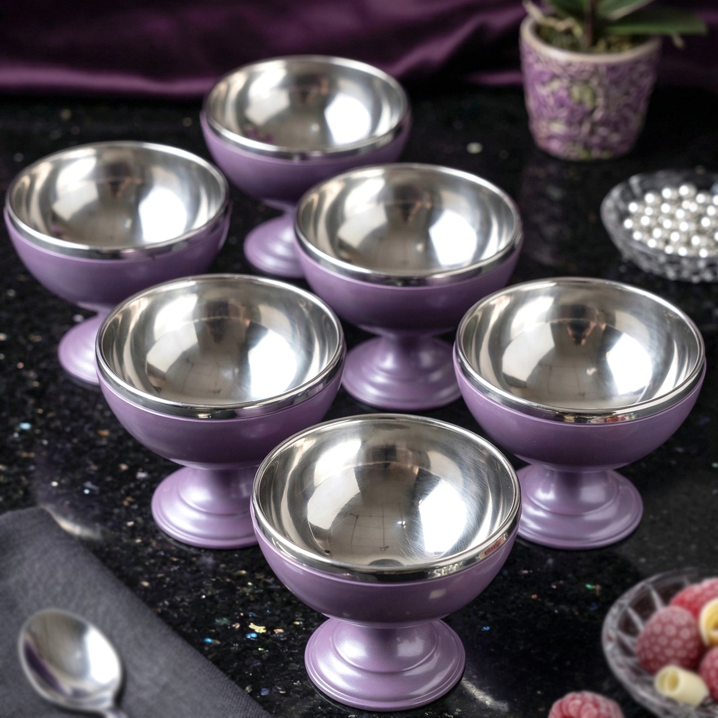 Six stainless steel dessert bowls with matching stand, compact and modern kitchenware from Wukusy.