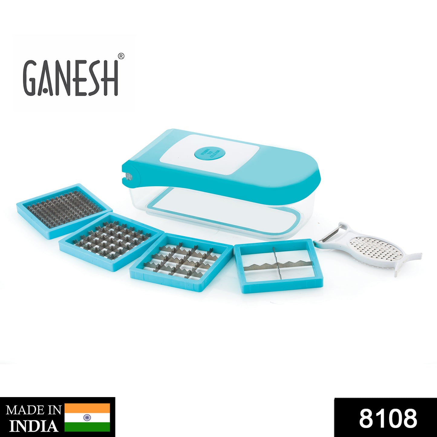 Blue Wukusy 8108 Ganesh 7-in-1 plastic vegetable dicer with multiple blades for easy chopping in the kitchen