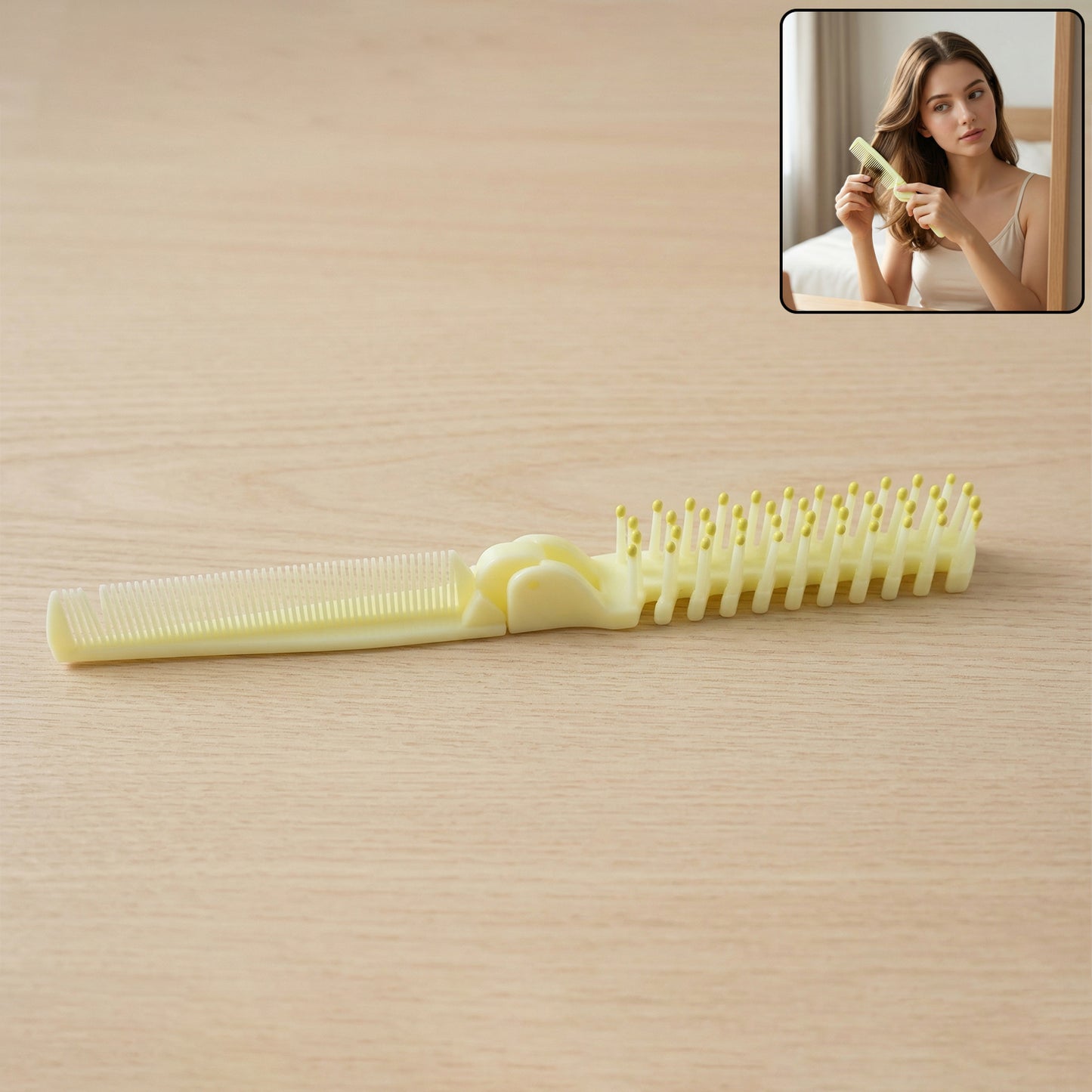 Wukusy 2-in-1 foldable hair comb with brush, compact and portable for easy hair styling and detangling.