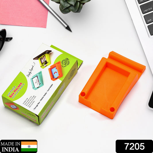 Wukusy 7205 business card and mobile holder made of plastic, designed for multi-function use, displayed with cards and phone.