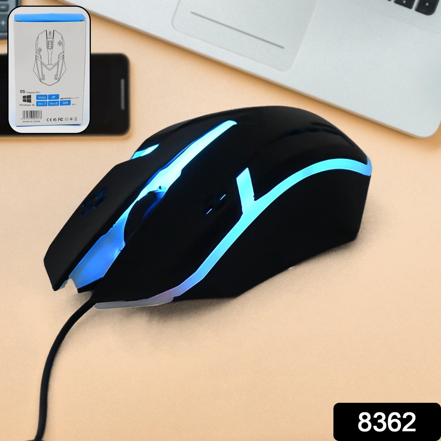 Wukusy wired optical USB computer laptop mouse, black, ergonomic design, suitable for office and home use.