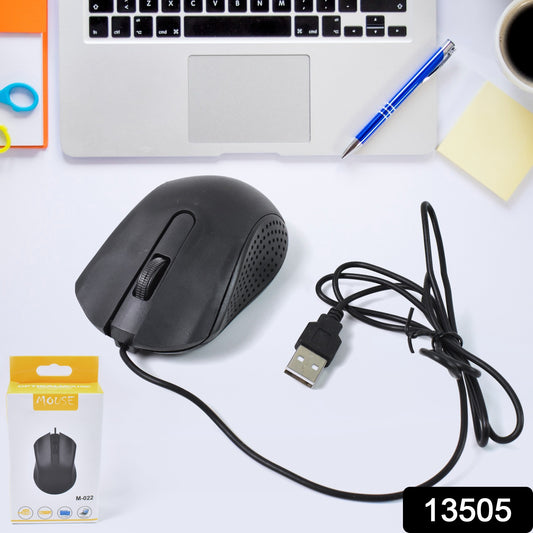 Wukusy wired optical computer mouse M-022 with ergonomic design, black body, connected via USB for laptop or desktop use.