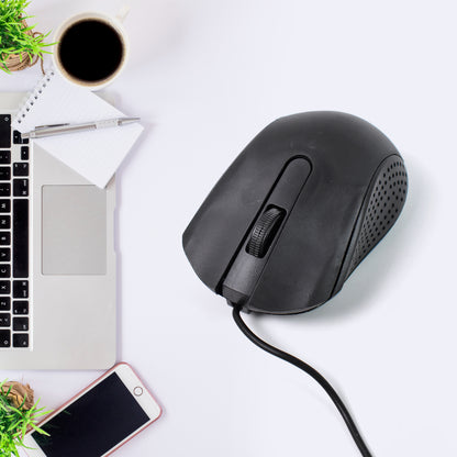 Wukusy wired optical mouse M-022 for computers and laptops, black accessory with scroll wheel and USB connection.
