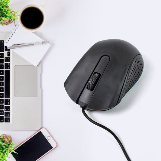 Wukusy wired optical mouse M-022 for computers and laptops, black accessory with scroll wheel and USB connection.
