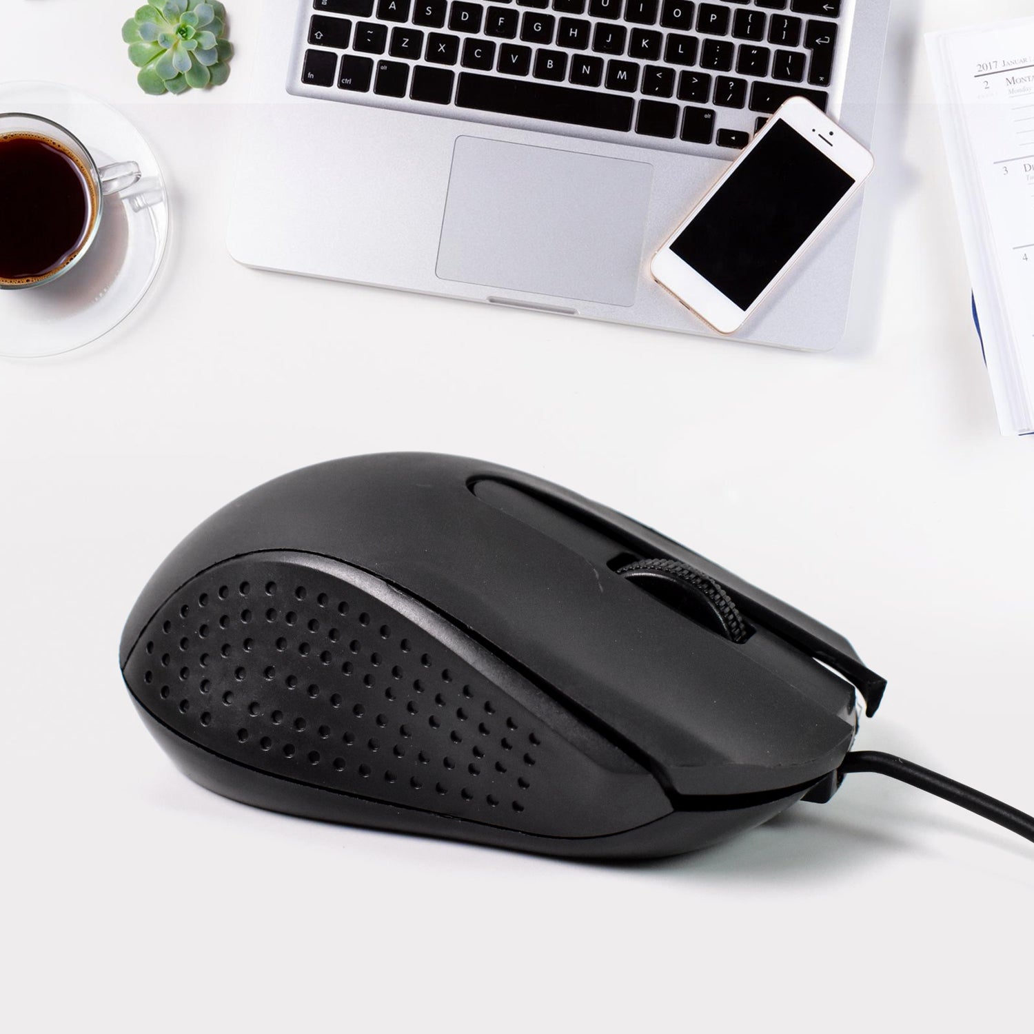 Wukusy wired optical computer mouse M-022 with ergonomic design, suitable for laptops and desktops, black color.