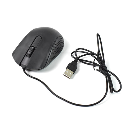 Wukusy wired optical computer mouse M-022 with ergonomic design, connected via USB for precise control on a desk.