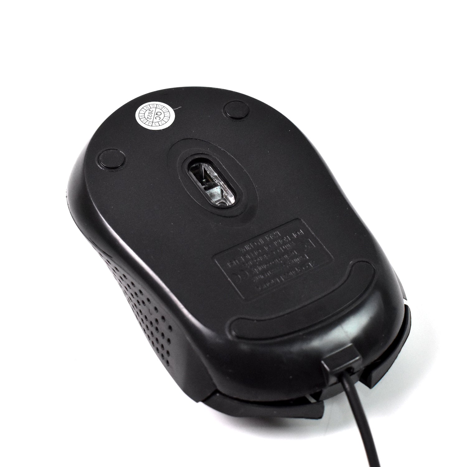 Wukusy wired optical mouse M-022 connected to a laptop, showcasing a sleek black computer accessory for precise cursor control.