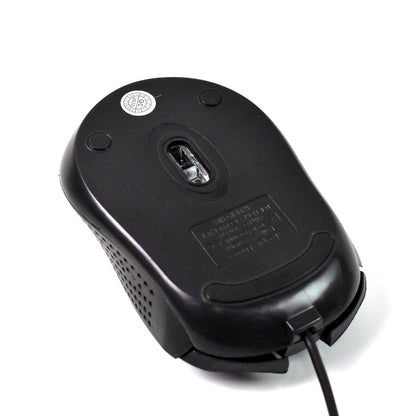Wukusy wired optical mouse M-022 connected to a laptop, showcasing a sleek black computer accessory for precise cursor control.