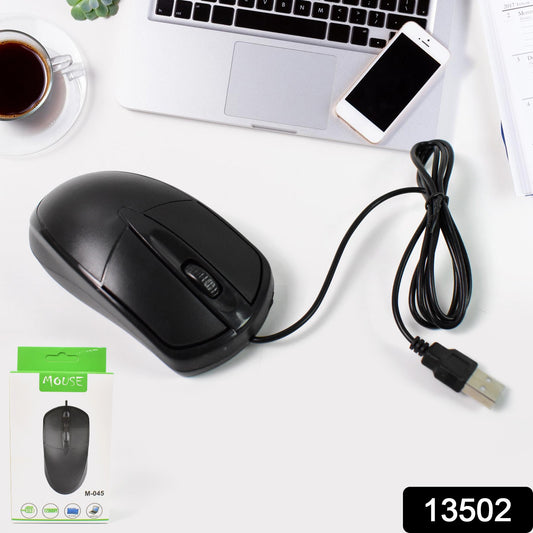 Wukusy wired optical computer mouse M-045 for laptops, black with ergonomic design and USB connection.