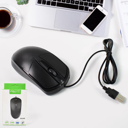 Wukusy wired optical mouse M-045 for computers and laptops, black USB accessory with ergonomic design.