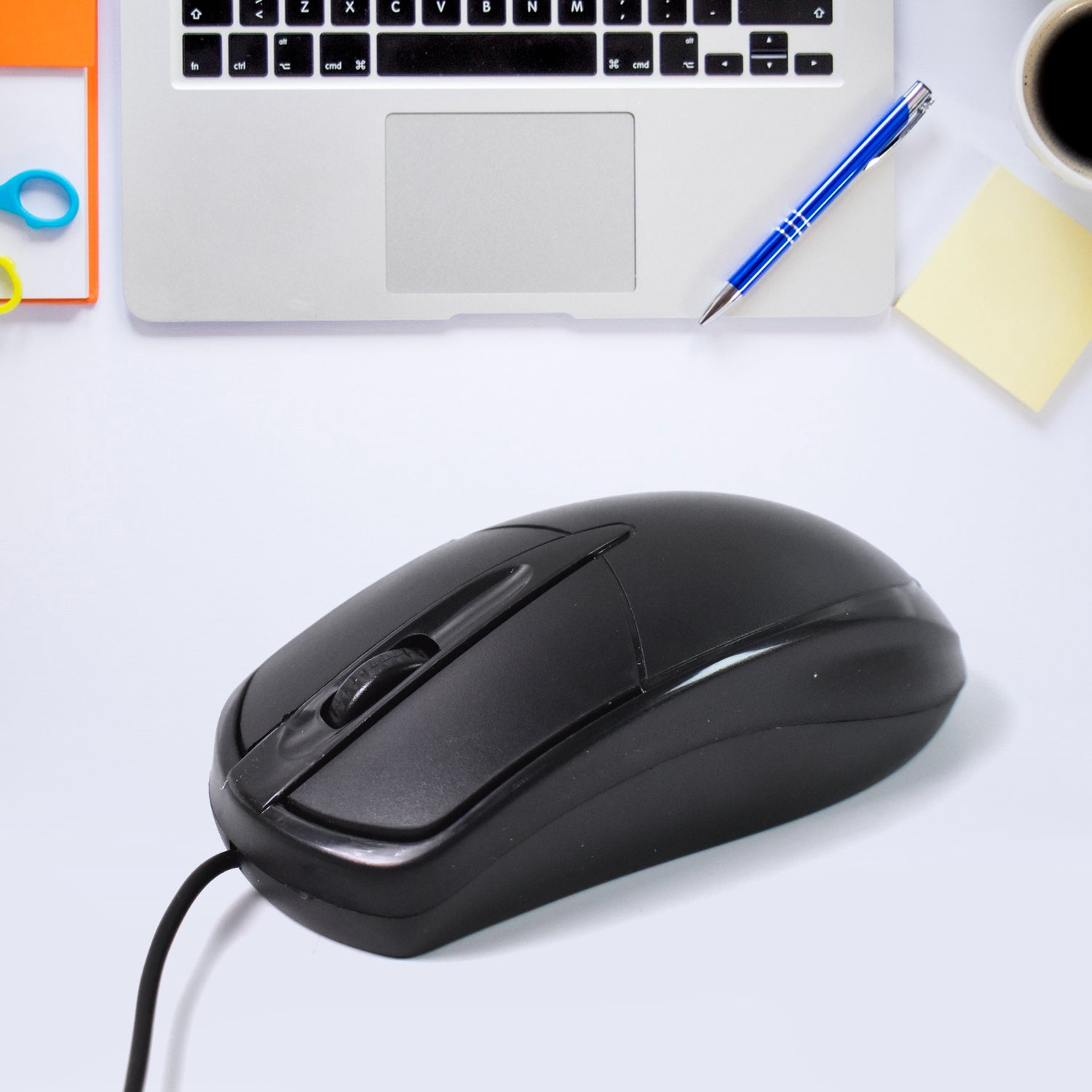 Wukusy wired optical computer laptop mouse M-045, black, with scroll wheel and two buttons, designed for precise navigation.
