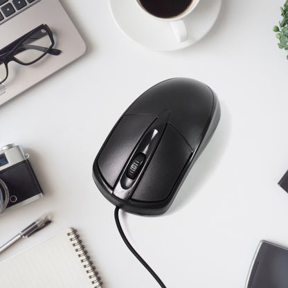 Wukusy wired optical computer laptop mouse M-045, black ergonomic accessory with scroll wheel and USB connection.