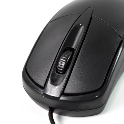 Wukusy wired optical mouse M-045 for computers and laptops, black with ergonomic design, connected via USB cable.